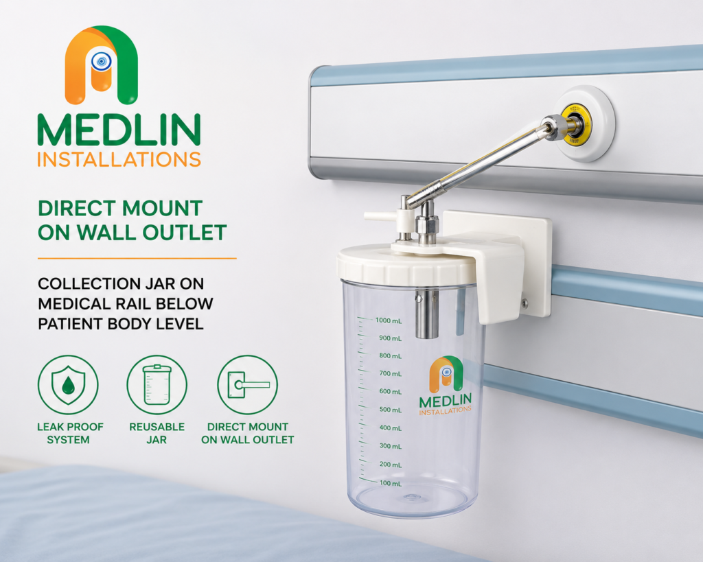 Direct Mount on Wall Outlet and Collection Jar on Medical Rail Below Patient Body Level