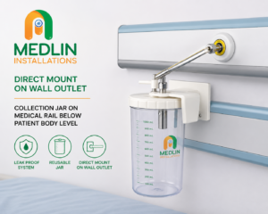 Direct Mount on Wall Outlet and Collection Jar on Medical Rail Below Patient Body Level